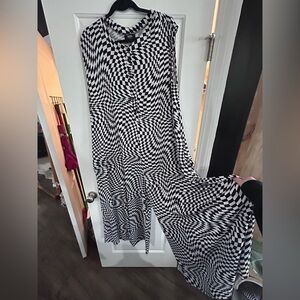 DRESSED IN LALA Black & White checkered Oversized Wide leg jumpsuit plus-size